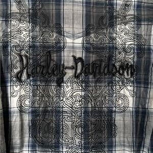 Harley-Davidson Men's Black and Blue Embroidered Plaid Shirt